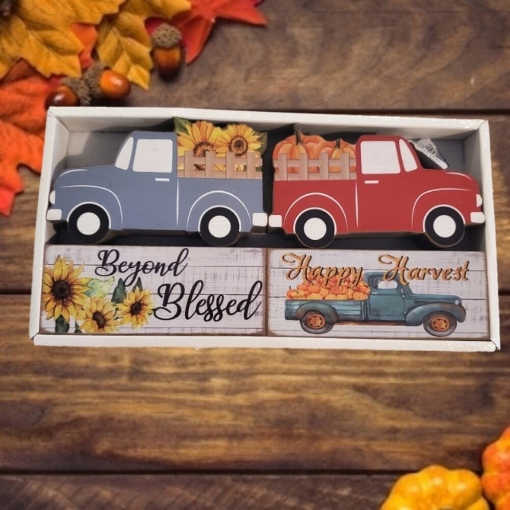 Wooden Fall Harvest Holiday Pick Up Sunflowers Pumpkins Decor Set of 4